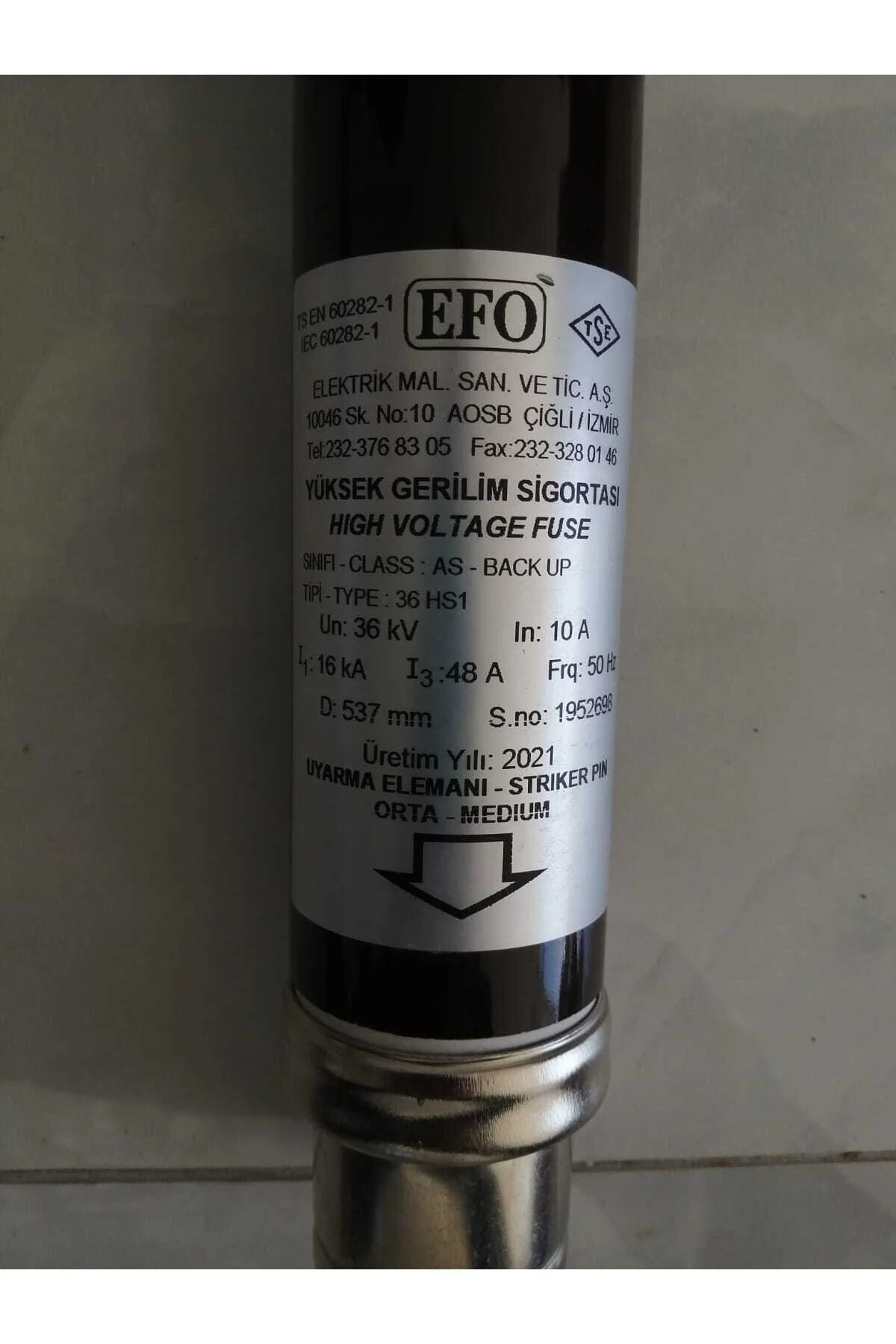 Yüksek Gerilim Sigortası 10a,16ka,36kv,pimli,537mm,hs1